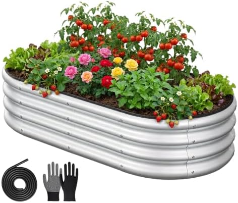 4x2x1 FT Oval Metal Raised Garden Bed, Open Bottom Design Elevated Garden Planter Box Outdoor, Trough Planter for Outdoor Plants, Flower, Vegetables, Fruit, Herbs (Silver, 1PC) by RaisedGardenBed