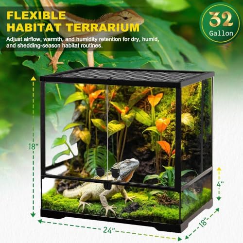 24"x18"x18" Reptile Terrarium, Modular Aluminum-Frame Glass Vivarium for Small Tropical Lizards Such as Juvenile Iguanas, with Lock, Cable Port, Waterproof Deep Base & Adjustable Vents - Image 2