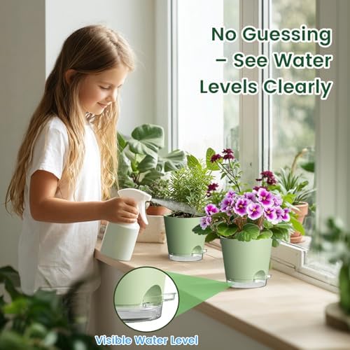 Meowell Self Watering Pots Set of 7 – Assorted Size 4" to 8" Indoor Plant Pots with Drainage Holes and Clear Reservoir for Visible Water Level, Plastic Wicking Planter for House Plants & Flower, Green - Image 3