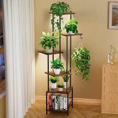 Homsorout Plant Stand Indoor with Grow Light - 6-Tier Metal Plant Shelf with Hanging Basket Hook, Corner Tall Flower Holder for Multiple Plants, Living Room Balcony Garden Patio, Rustic Brown by Homsorout