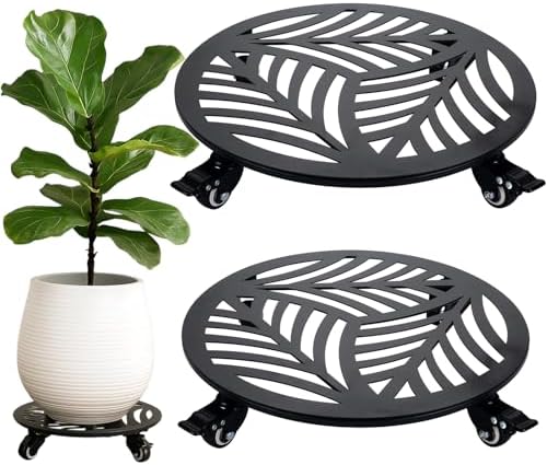 2 Packs Extra-large Metal Plant Caddy with Wheels 17 inches Heavy-Duty Iron Rolling Plant Stand with Casters Indoor Outdoor Wheeled Plant Roller Base Pot Movers Plant Dolly Coaster Trolley Black by Planterhoma