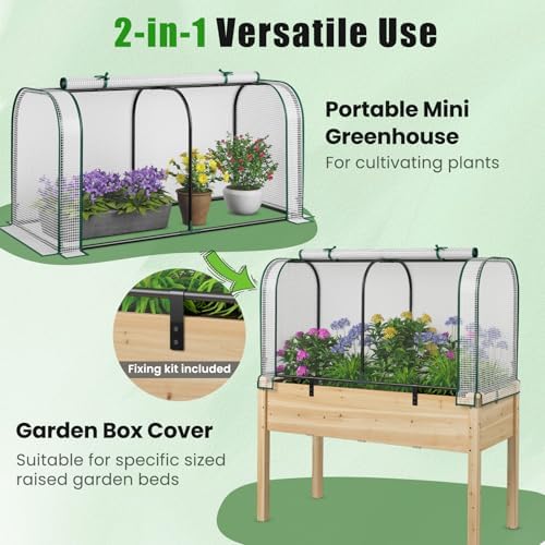 Giantex Raised Garden Bed with Cover, Wood Elevated Planter Box with Legs & Mini Greenhouse, Waterproof Sun-Protective PE Green House Cover, Outdoor Use for Fruit Vegetable Flower Herb (White+Natural) - Image 3