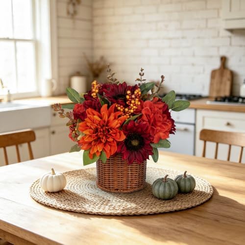 Hollyone 13.8" Hydrangea Fall Flowers Arrangement in Baskets Outdoor Indoor Fake Hydrangea Sunflowers Artificial Flower in Woven Baskets Fall Decor Red Orange Faux Plants Autumn Decorations for Home - Image 5
