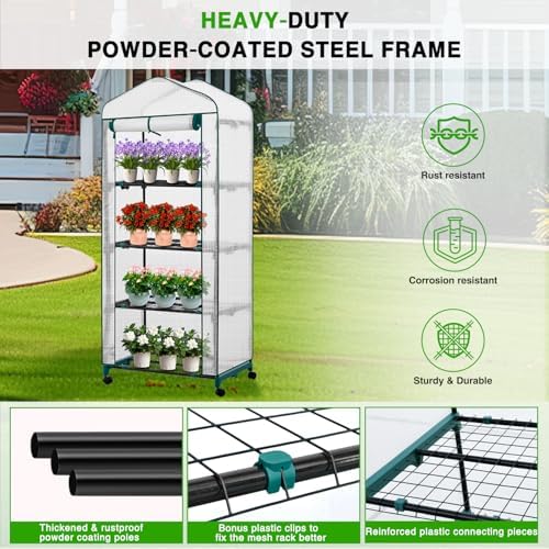 Yesker Mini Greenhouse 27"x20"x63" Portable Indoor / Outdoor Small Green House with 4 Tier 4 Shelves Wheels Thicken PE Cover Compact Greenhouses Kit for Winter Gardening Balcony Patio Backyard, White - Image 6
