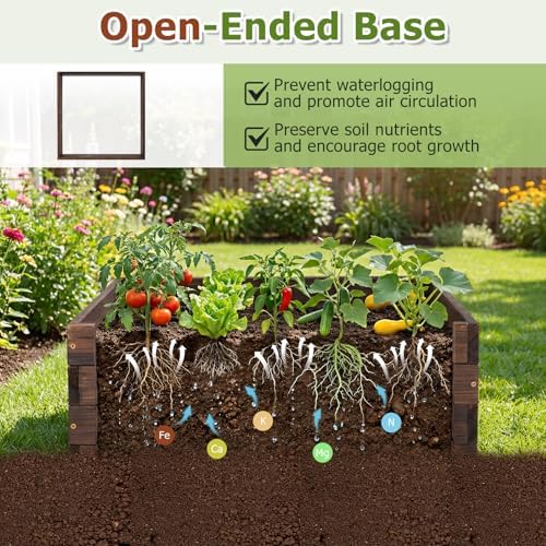 GIANTEX Wooden Raised Garden Bed Set 2, 23" x 23" Square Fir Wood Planter Box with Open-Ended Base for Vegetables Flowers Herb, Indoor Outdoor Elevated Planter Container for Patio Yard Garden Balcony - Image 4