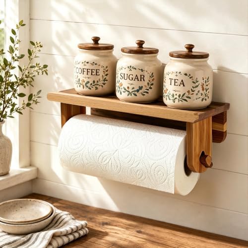 Taozun Acacia Wood Adhesive Paper Towel Holder with Shelf Wall Mount by Taozun