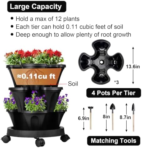 GameXcel Vertical Planter Tower - 3 Tier Stackable Garden Planters with Wheels and Garden Tool Set Plant Pots for Strawberry Herb Flower and Vegetable Indoor Outdoor Use Black - Image 7