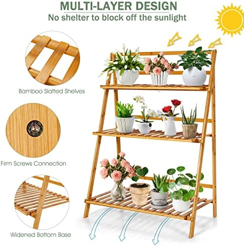 Folding 3-Tier Bamboo Ladder Plant Stand, Indoor & Outdoor Flower Pot Organizer Holder w/ Stable Frame, Plant Shelf Display Rack for Balcony, Patio, Garden, Living Room - Image 5
