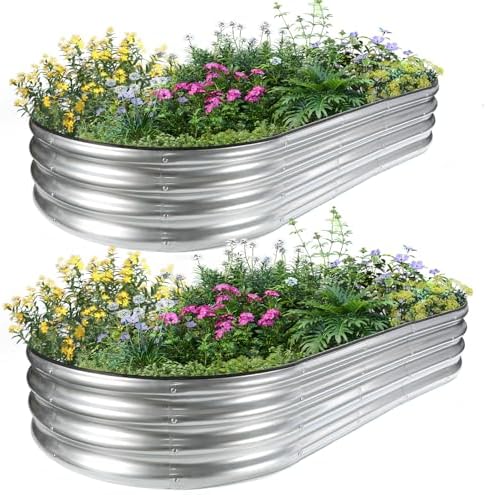 JERIA 2 Pcs 6×3×1ft Oval Raised Garden Bed,Galvanized Raised Garden Bed Kit Outdoor Metal Gardening Planter Box for Vegetable, Fruits, Flower，Herbs by JERIA