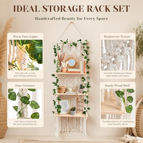 Boho Macrame Wall Plant Hanger Shelf, 3-Tier Hanging Display Shelves with LED String Lights, Wooden Floating Organizer Natural Cotton Rope for Indoor Plants Living Room Bedroom Balcony - Image 6