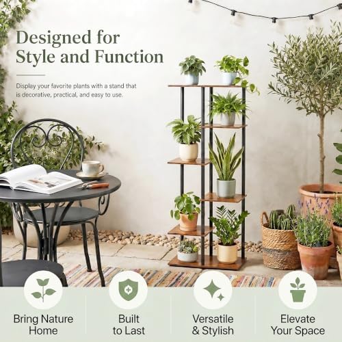 Corner Tall Plant Stand Indoor 6 Tier 8 Potted, Rustic Brown - Image 5