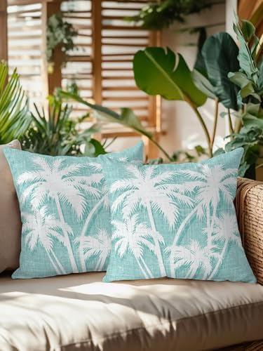 Throw Pillows 18x18 Set of 2, Tropical Palm Tree Waterproof Outdoor Pillow Covers with Insert, Vintage Mint Green Exotic Botanical Plants Decorative Pillowcase Cushion for Patio, Garden, Couch - Image 2