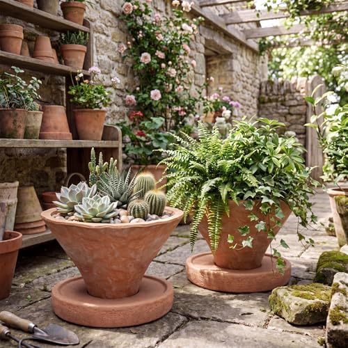 Yungyan 2 Set 7'' Rustic Terracotta Plant Pot with Drainage Saucer Vintage Breathable Clay Planter Farmhouse Flower Pot Distressed Finish for Flower Succulent Modern Home Garden Decor(Tapered) - Image 6