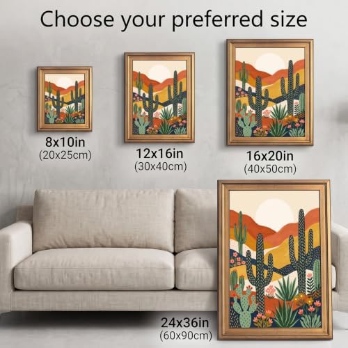 Framed Canvas Wall Art Bohemian Gouache Desert Landscape Terracotta Cacti Canvas Print Poster Gold Frame Wall Decor for Living Room Southwestern Art, Boho Home Decor - Inch 16x20 - Image 3