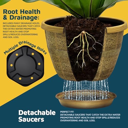 10-Inch Whiskey Barrel Planters Outdoor Pack of 10 - Durable Plastic Plant Pots for Indoor & Outdoor Use with Drainage & Saucer, Lightweight Rustic Barrel Planters for Flowers, Herbs & Small Plants - Image 4