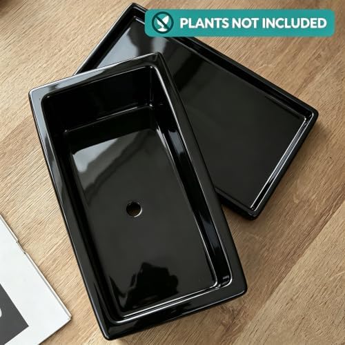 12 Inch Rectangular Ceramic Plant Pot, Window Box, Glazed Black - Image 3