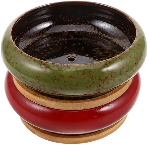 Happyyami Xmas Ceramic Bonsai Pot Set 2pcs Round Shallow Planters with Tray by Happyyami