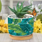 Turquoise Green Planter Ceramic Teal Blue Tropical Round Plant Pot with Drainage Holes and Bamboo Tray Pot for Home Office Desk Garden - Image 6