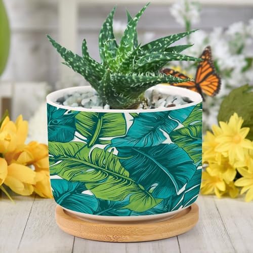Turquoise Green Planter Ceramic Teal Blue Tropical Round Plant Pot with Drainage Holes and Bamboo Tray Pot for Home Office Desk Garden - Image 6
