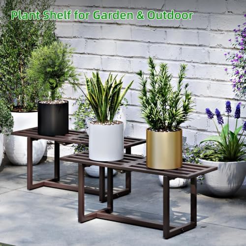 2 Pack Plant Stand, Foldable Metal Shelf, Indoor Outdoor, Coffee - Image 2