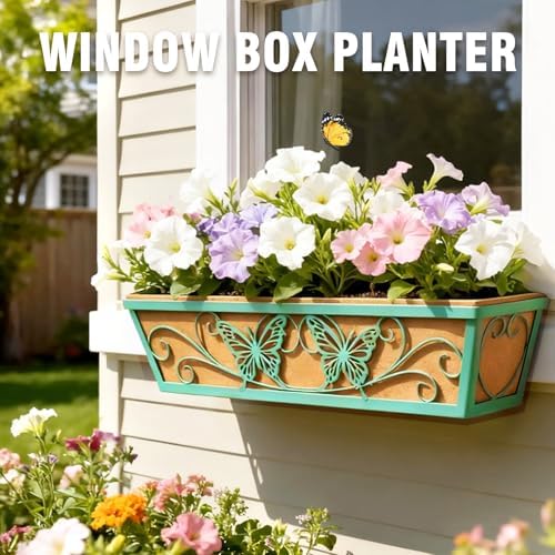6 Pack 24 Inch Window Boxes Planter for Outdoor Plants Deck Railing Planters Box with Adjustable Brackets for Porch Fence Balcony Hanging Flower Baskets with Liner for Garden Décor - Green - Image 4