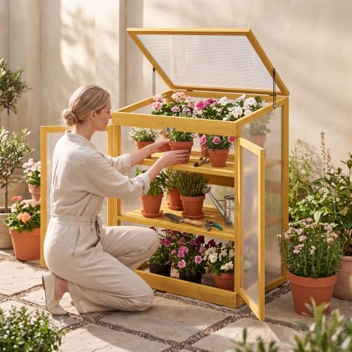 LAZZO Wooden Cold Frame Greenhouses for Outdoors, 2-Tier Garden Cabinet - Image 2