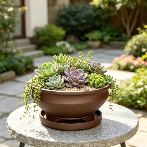 MUZHI 8 inch Ceramic Bonsai Tree Pots for Indoor Outdoor Plants with Tray, Vintage Purple Clay Plant Bowl for Succulent Arrangement Money Tree - Image 7