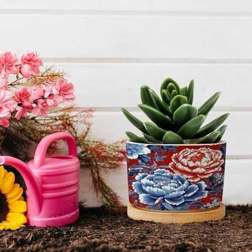 Red and Blue Chinoiserie Floral Planters Ceramic Chinoiserie Chic Asian Round Plant Pot with Drainage Holes and Bamboo Tray Pot for Pots Outdoor Indoor Plants - Image 5