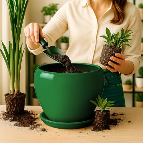 Deep Dream 10 Inch Plant Pot- Ceramic Planter Pot Round Plant Pots for Indoor Plants Outdoor Large Flower Pot with Drainage Holes & Trays, Green - Image 6