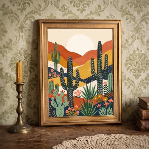 Framed Canvas Wall Art Bohemian Gouache Desert Landscape Terracotta Cacti Canvas Print Poster Gold Frame Wall Decor for Living Room Southwestern Art, Boho Home Decor - Inch 12x16 - Image 6