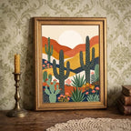 Framed Canvas Wall Art Bohemian Gouache Desert Landscape Terracotta Cacti Canvas Print Poster Gold Frame Wall Decor for Living Room Southwestern Art, Boho Home Decor - Inch 16x20 - Image 6