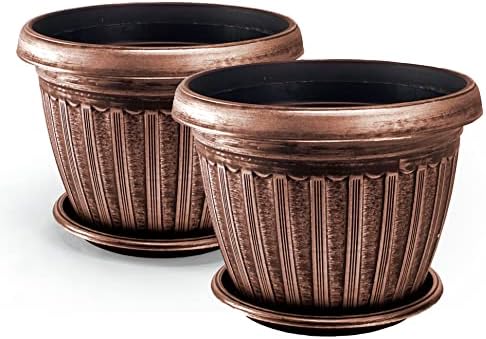 Rustic Flowerpot 12" Planter, Set of 2 Planter and 2 Saucers (4 Pieces) for Garden Patio Office Ornaments Home Décor Long Lasting Reusable Lightweight (Copper-L) by Unknown