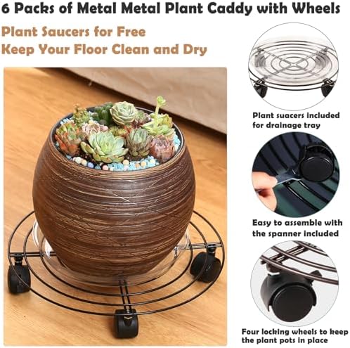 8 Packs Large Metal Plant Caddy with Wheels 13" and 11.8" Heavy-Duty Wrought Iron Rolling Plant Stands with Casters Plant Dolly Plant Roller Base Indoor and Outdoor Plant Pot Movers Planter Rollers - Image 2