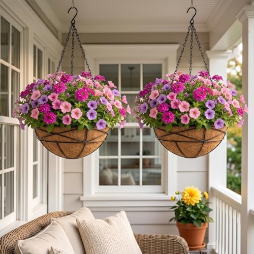 4 Pack 14 Inch Hanging Baskets for Plants Outdoor Large Flower Planters with Coco Liner for Outside Planting Watering Plant Pot Holder for Home Garden Porch Balcony Railings Decor - Image 5