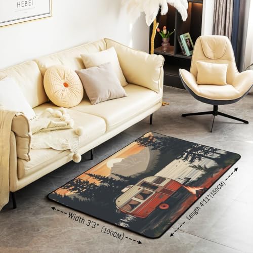 Erosebridal Sunset Rv Campfire Area Rug 4'11" x 3'3" Woodland Lake Mountains Living Room Rugs Camping Cartoon Nature Decorative Carpet Farmhouse Black Red Indoor Floor Mat - Image 2