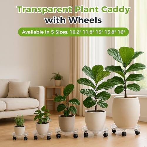 4 Packs 11.8 Inches Large Clear Plant Caddy Plant Saucers on Wheels Rolling Plant Stands Heavy-duty Plant Dolly Plastic Planter Roller Base Pot Movers Outdoor Plant Tray Coaster - Image 4