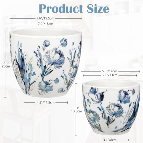 Decorative Flower Pots Blue and White Plant Pot Gold Accent Ceramic Planters for Indoor Plants Pots with Drainage Retro Planter Pot for Succulents Cactus Herb Snake Plants Outdoor Garden, 7.6/5.5 Inch - Image 2