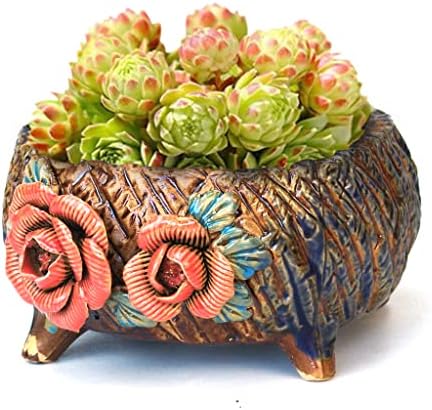 6.3 Inch Succulent Pot Handmade Flower Design Round Ceramic Antique Plant Pot Cactus Pot Planter with Drainge and Mesh Pad (Orange) by SUMMERIMPRESSIONS