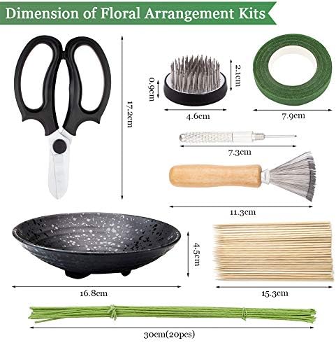 WANDIC Flower Arrangement Kit, Set of 51, Round Flower Holders, Ceramic Flower Pot, Kenzan Needle Cleaning Pin & Rake, Floral Stems and Floral Tape for Flower Arranging Art - Image 3