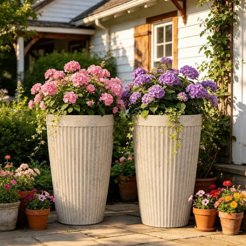 2-Pack 20" Vintage Ivory Resin Tall Planters with Fluted Texture - Image 4