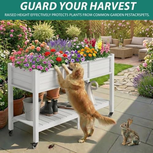 YITAHOME Raised Garden Bed HDPE, 47x18x31In Raised Flower Bed Poly-Wood Weather-Resistant Elevated Planter Box with Lockable Wheels & Storage Shelf for Vegetable Flower, White - Image 2