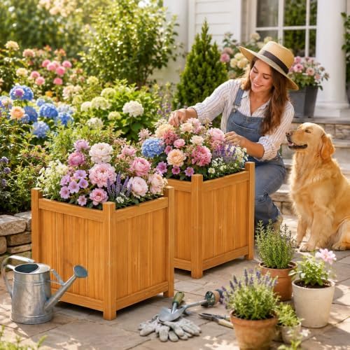 2-Pack 16" Square Fir Wood Planter Boxes with Drainage Holes - Image 4