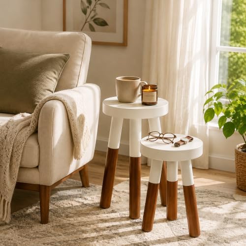 LitaEther Modern Wood Plant Stand set of 2, Accent Table, Bath Stool, Milking Stool set 9" D x 9" W x 12" H & 9" D x 9" W x 16" H for Living Room Bedroom - Image 3