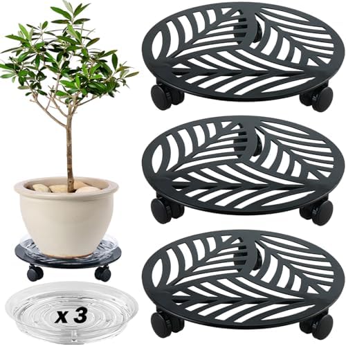 3 Packs Large Metal Plant Caddy with 3 PU Wheels 12" Heavy-Duty Wrought Iron Rolling Plant Stands Indoor Outdoor Wheeled Plant Dolly Planter Mover Rollers Plant Trolley Cart, Plant Saucers Included by Planterhoma