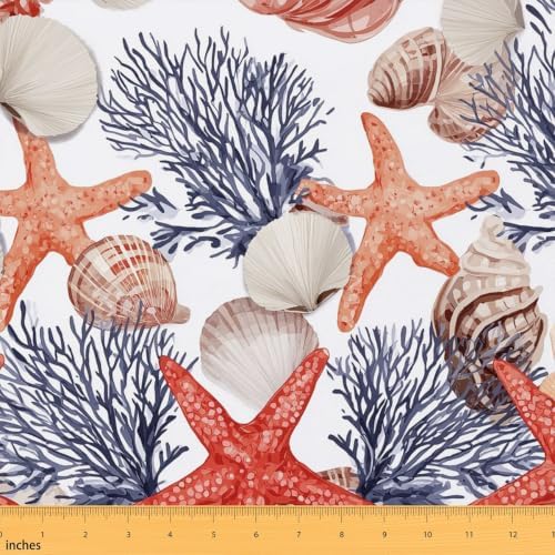 Seashells Fabric By The Yard, Ocean Starfish Upholstery Fabric for Chairs, by Erosebridal