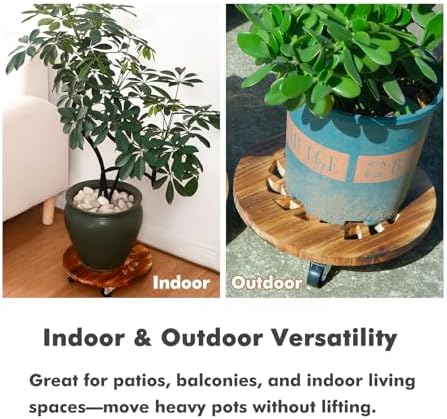4 Pack Plant Caddy with Wheels Heavy Duty 12 Inch Wooden Plant Stand with Wheels Plant Dolly Rolling Plant Stand Plant Roller with Casters for Indoor and Outdoor with 4 Pack Plant Saucers, Round - Image 4