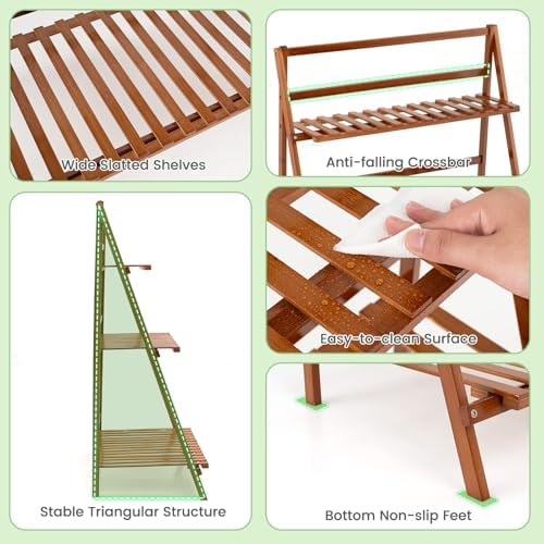 HAPPYGRILL 3-Tier Plant Stand Indoor, Folding Flower Pot Display Shelves with Anti-falling Crossbar & Non-slip Feet, Tall Plant Shelf for Patio Garden Balcony Living Room Outdoor - Image 5