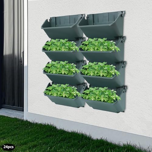 Vertical Wall Planter with 24 Pots, Hanging Garden Plant Flowerpot Holder, Stackable Wall-Mounted Planter, Balcony Planters for Flowers Vegetables Fruits (Army Green, 24 Pots) - Image 6