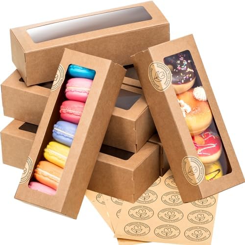 Sherr 100 Pcs Brown Macaron Boxes with Window, 7.7x2.6x2 Inch Long Clear Bakery Boxes with Stickers for Pastries, Cookie & Dessert Gifts Packaging for Chocolate Covered Strawberry, Truffle, Donuts by Sherr