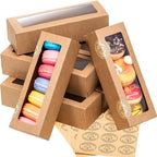 Sherr 100 Pcs Brown Macaron Boxes with Window, 7.7x2.6x2 Inch Long Clear Bakery Boxes with Stickers for Pastries, Cookie & Dessert Gifts Packaging for Chocolate Covered Strawberry, Truffle, Donuts by Sherr